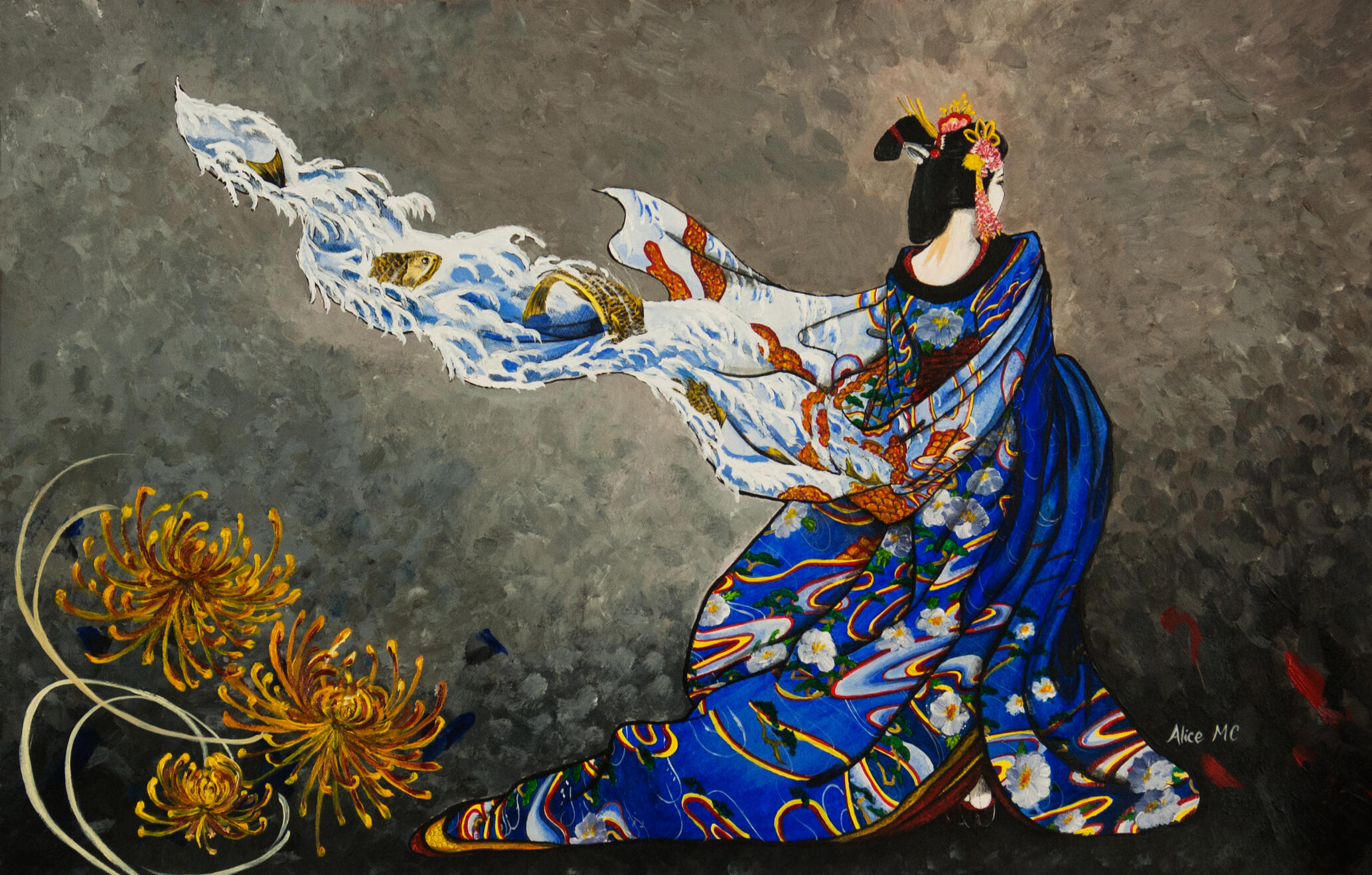 Painted Kimono Acrylics on Bristol board. 13x19", w/Custom Frame-ready to hang. $460 - inquire