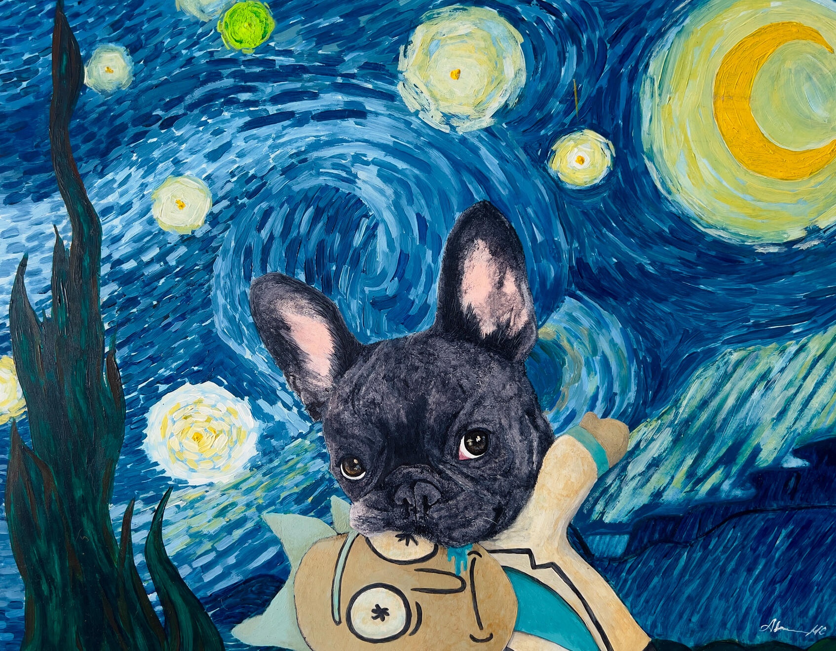 Starry Frenchie- scifi Acrylics on Wood Panel 11x14" Framed - ready to hang $330 - inquire