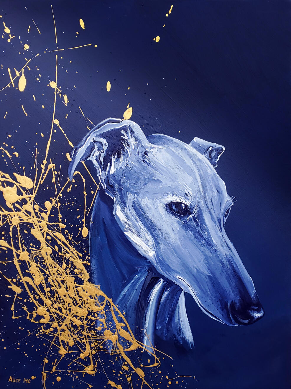 Blue Greyhound Acrylics on Wood Panel 24x18" Framed - ready to hang $730 - inquire